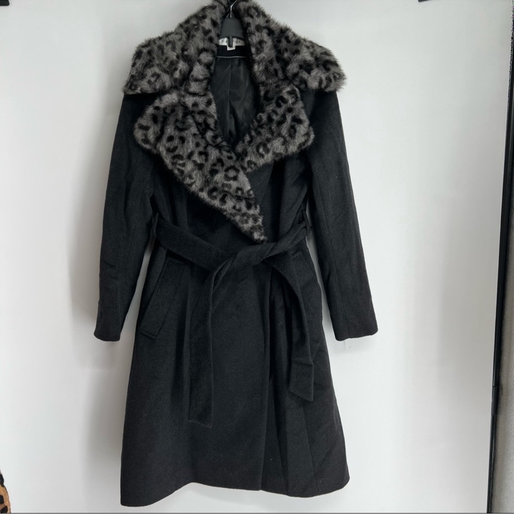 New Via Spiga Leopard Print Faux Fur Collar Wool Belted Wrap Coat Black Grey XS - Picture 5 of 6